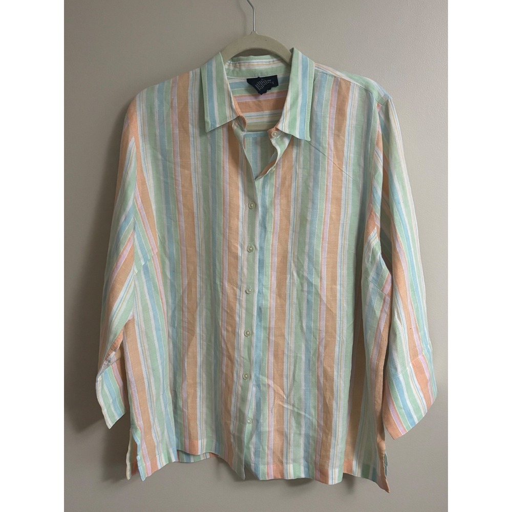 Jones New York Signature 100% Linen Striped Button Down Shirt Pastel 2X